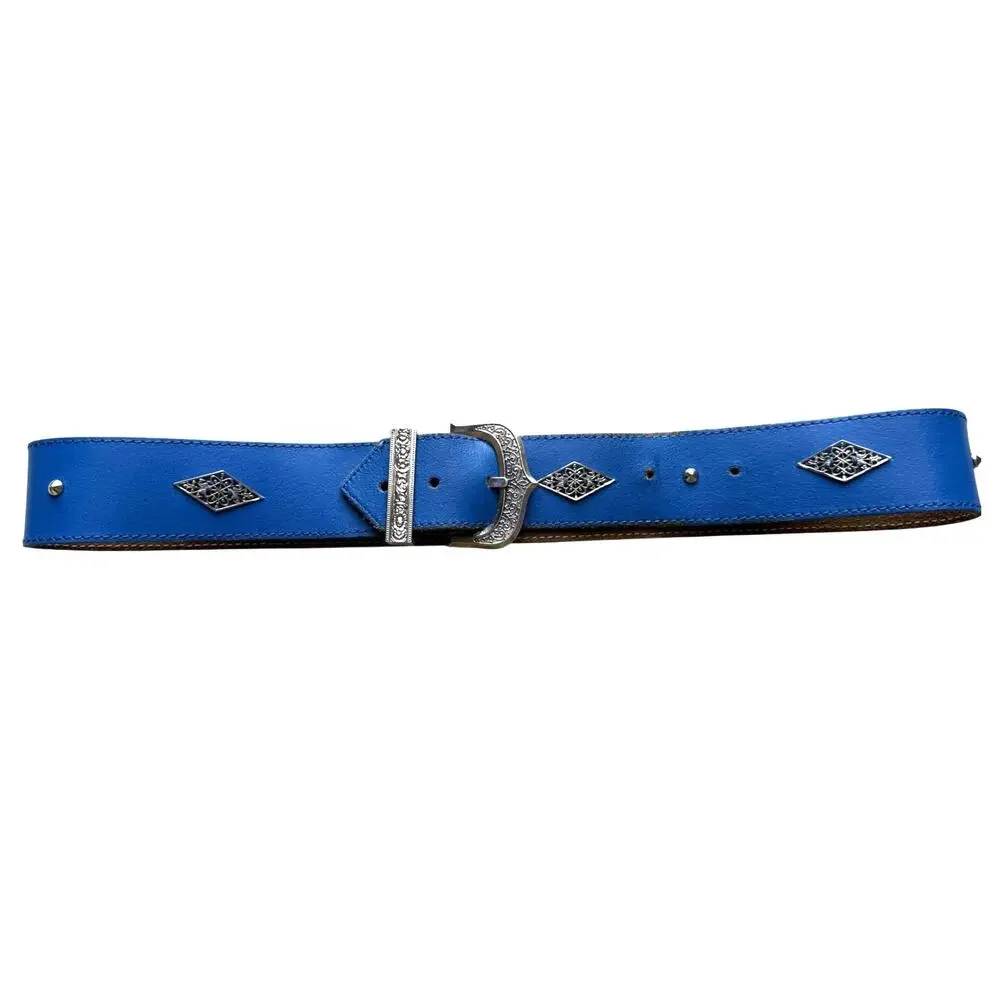 Vintage Christian Aujard Blue Leather Belt with Silver Buckle Size 32